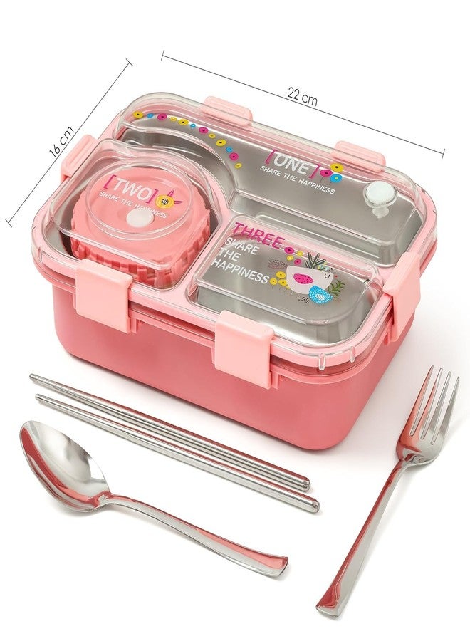 براند كونكور علبة غداء من ماركة كونكر، بثلاثة أقسام، مانعة للتسرب، مصنوعة من الفولاذ المقاوم للصدأ الخالي من مادة BPA، مناسبة للمدرسة والمكتب، مع شوكة وملعقة وزوج من عيدان الطعام (لون وردي كلاسيكي، تصميم كاواي ساحر). - Image 3